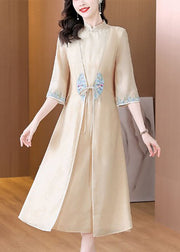Chinese Style Apricot Stand Collar Embroidered Patchwork Tie Waist Silk Maxi Dress Long Sleeve