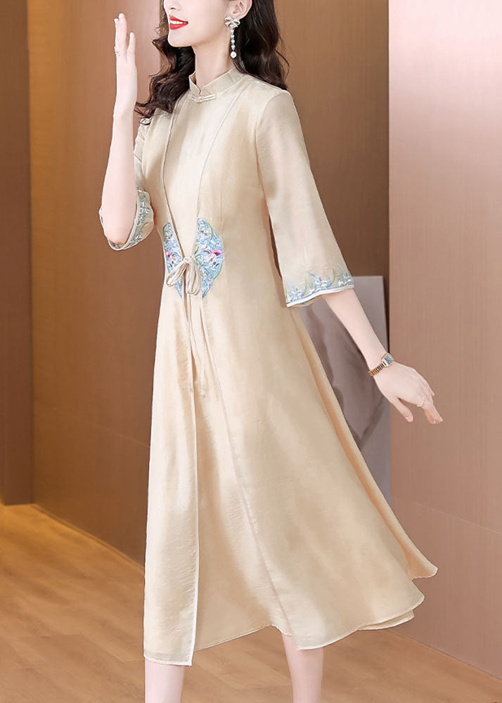 Chinese Style Apricot Stand Collar Embroidered Patchwork Tie Waist Silk Maxi Dress Long Sleeve