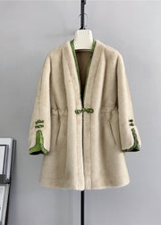 Chinese Style Apricot V Neck Button Drawstring Mink Cashmere Coats Winter