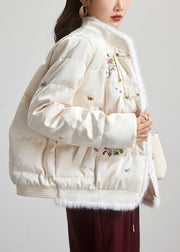 Chinese Style Beige Embroidered Button Duck Down Parka Long Sleeve
