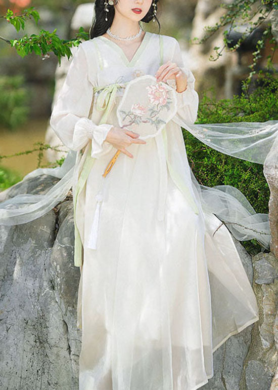 Chinese Style Beige Embroidered Lace Up Patchwork Chiffon Long Dresses Summer