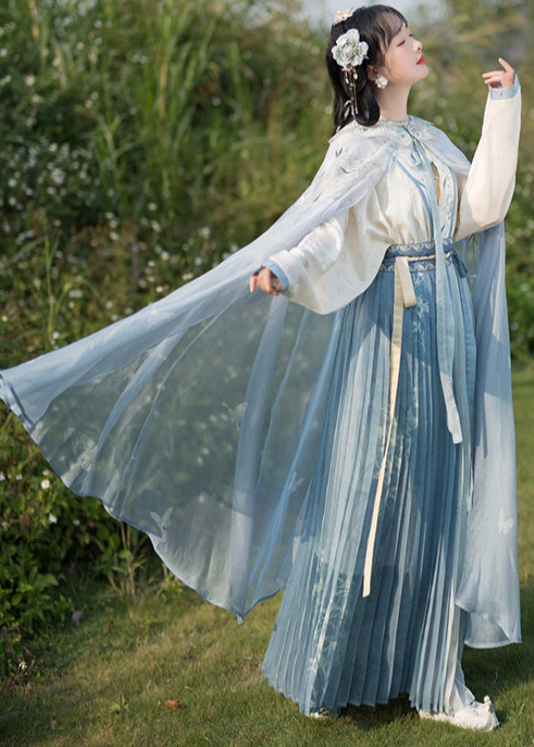 Chinese Style Beige Embroidered Tops And Blue Pleated Skirt  Chiffon Two Pieces Set Fall