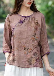 Chinese Style Beige O Neck Print Patchwork Linen T Shirts Summer