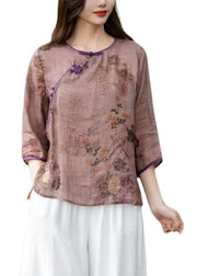 Chinese Style Beige O Neck Print Patchwork Linen T Shirts Summer
