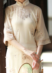 Chinese Style Beige Stand Collar Embroidered Patchwork Silk Dress Fall