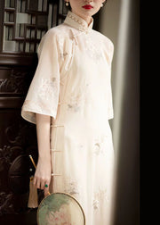 Chinese Style Beige Stand Collar Embroidered Patchwork Silk Dress Fall