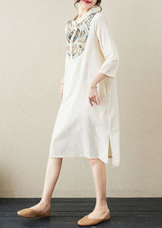 Chinese Style Beige Stand Collar Print Patchwork Linen Mid Dresses Summer
