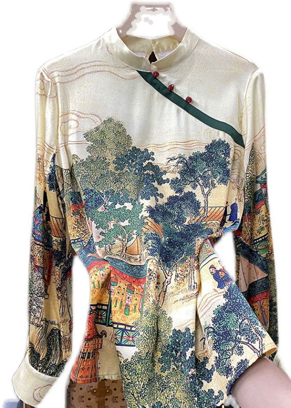 Chinese Style Beige Stand Collar Print Silk Shirt Tops Spring