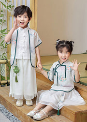 Chinese Style Beige Stand Collar Tasseled Patchwork Cotton Baby Girls Two Pieces Set Summer