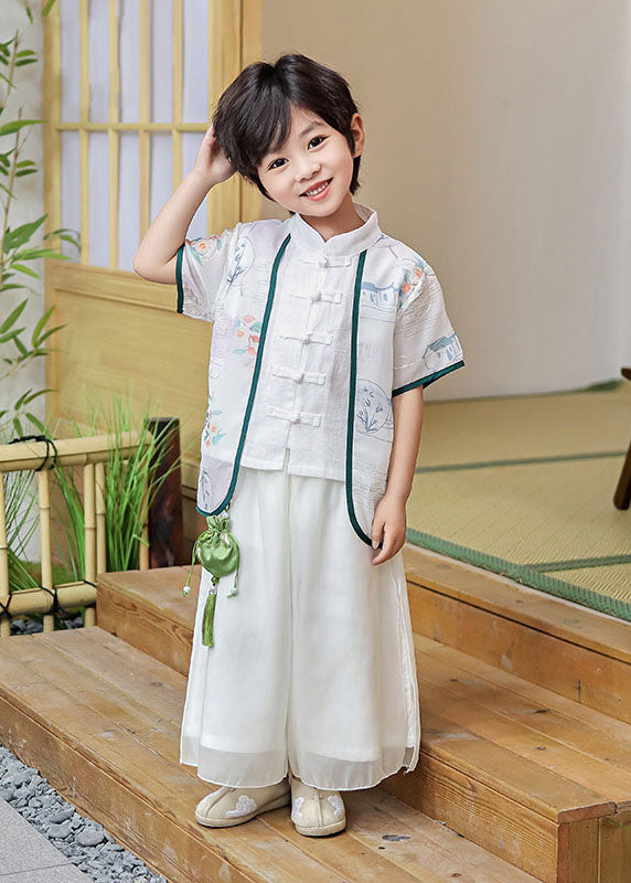 Chinese Style Beige Stand Collar Tasseled Patchwork Cotton Baby Girls Two Pieces Set Summer