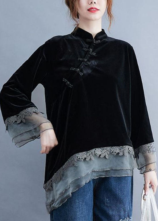 Chinese Style Black Asymmetrical Button Patchwork Silk Velour Blouses Spring
