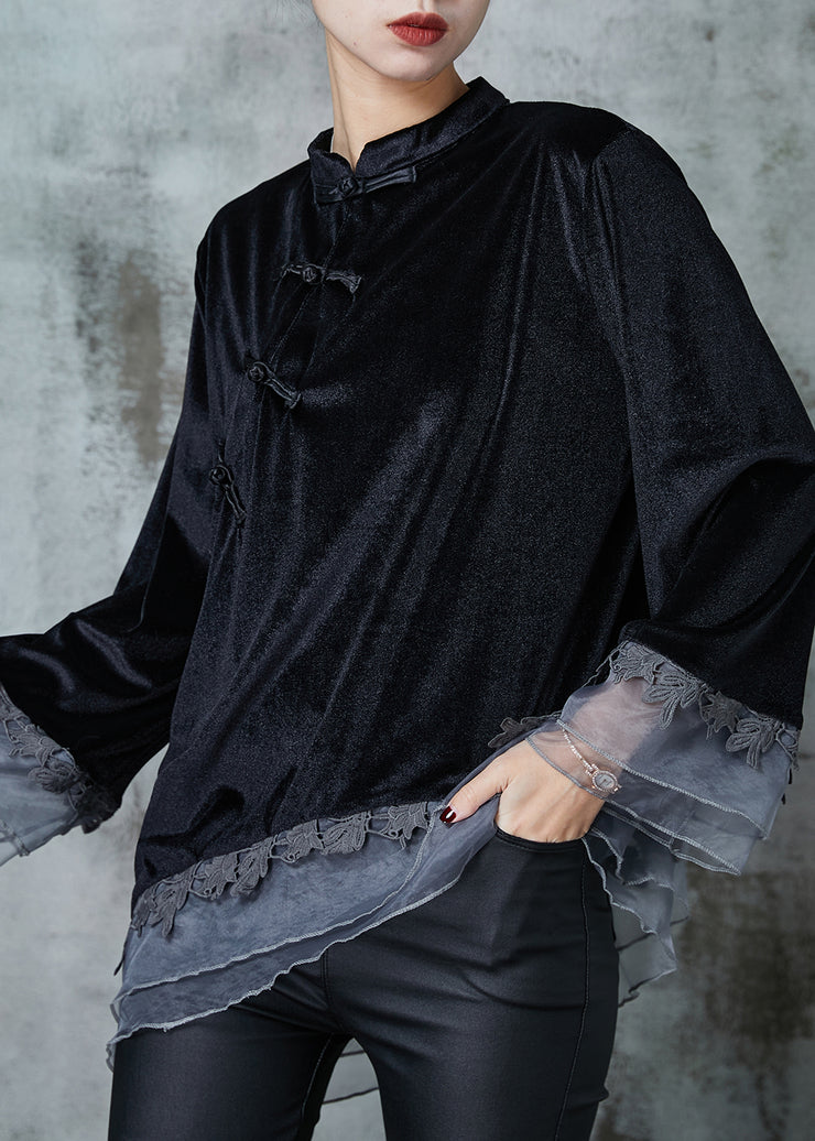 Chinese Style Black Asymmetrical Patchwork Silk Velour Shirt Tops Spring