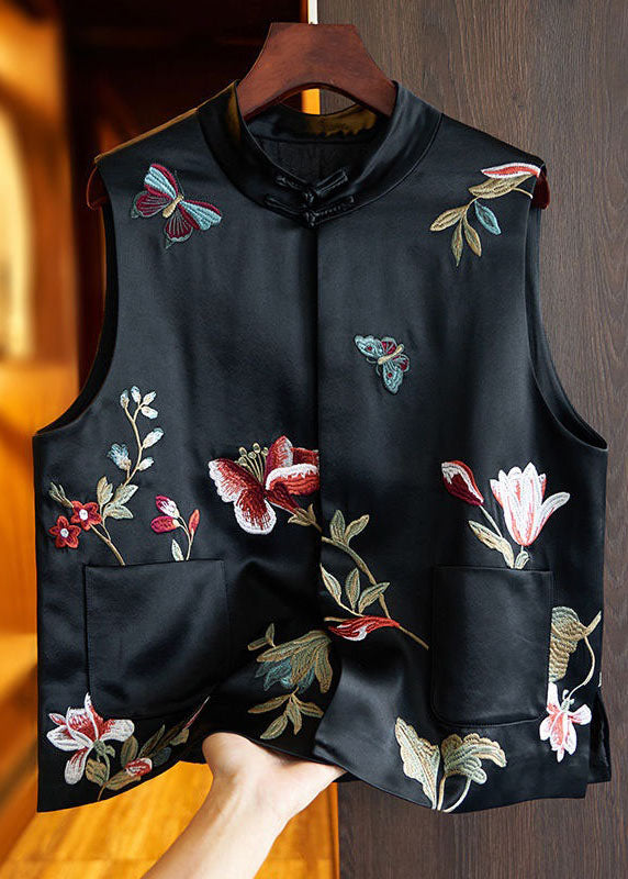 Chinese Style Black Butterfly Embroidered Patchwork Silk Vest Sleeveless