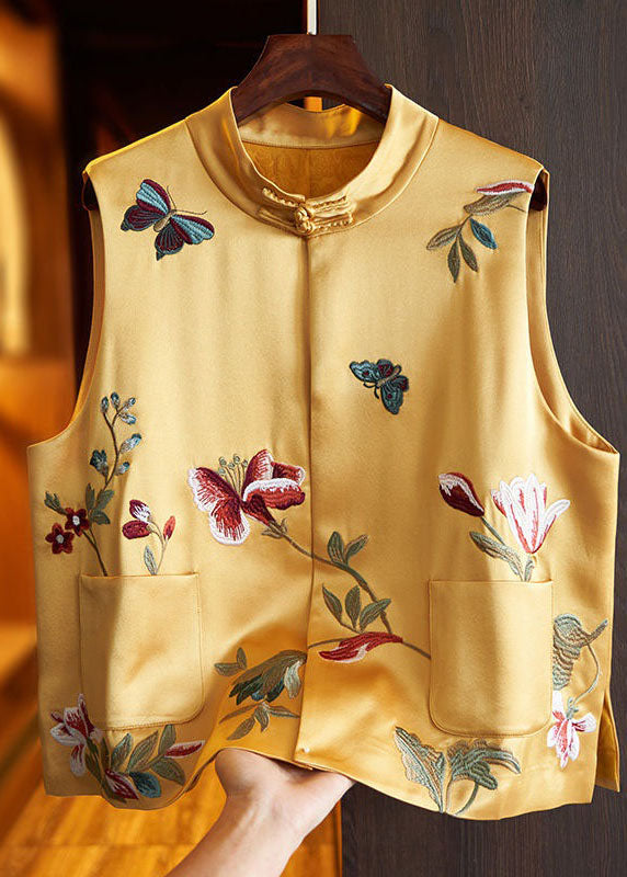 Chinese Style Black Butterfly Embroidered Patchwork Silk Vest Sleeveless