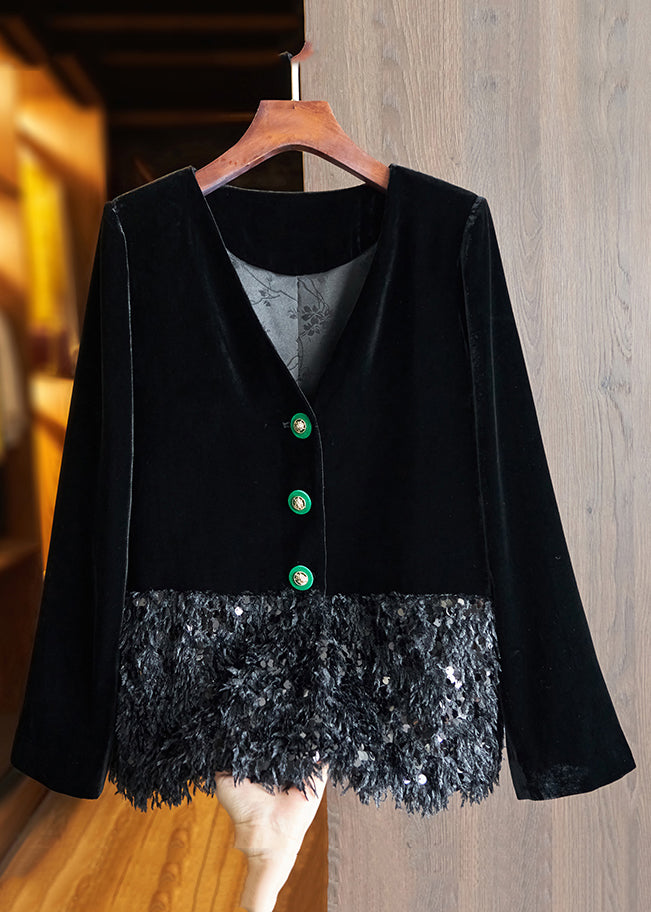 Chinese Style Black Button Sequins Patchwork Silk Velour Coats Fall