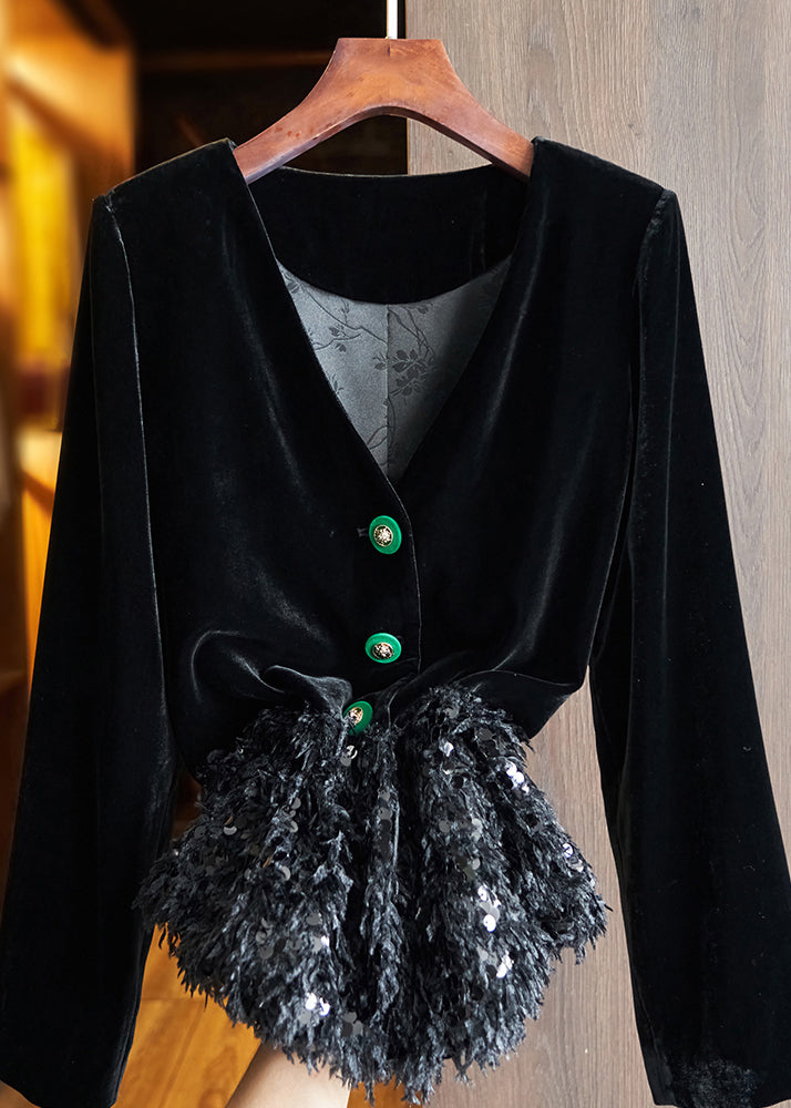 Chinese Style Black Button Sequins Patchwork Silk Velour Coats Fall