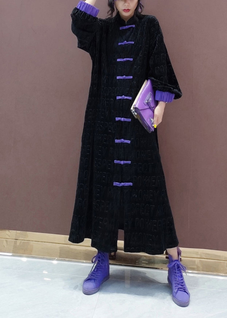 Chinese Style Black Chinese Button Patchwork Silk Velour Trench Coat Spring