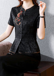 Chinese Style Black Embroidered Patchwork Silk Shirts Summer