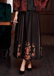 Chinese Style Black Embroidered Pockets Patchwork Silk Skirts Fall