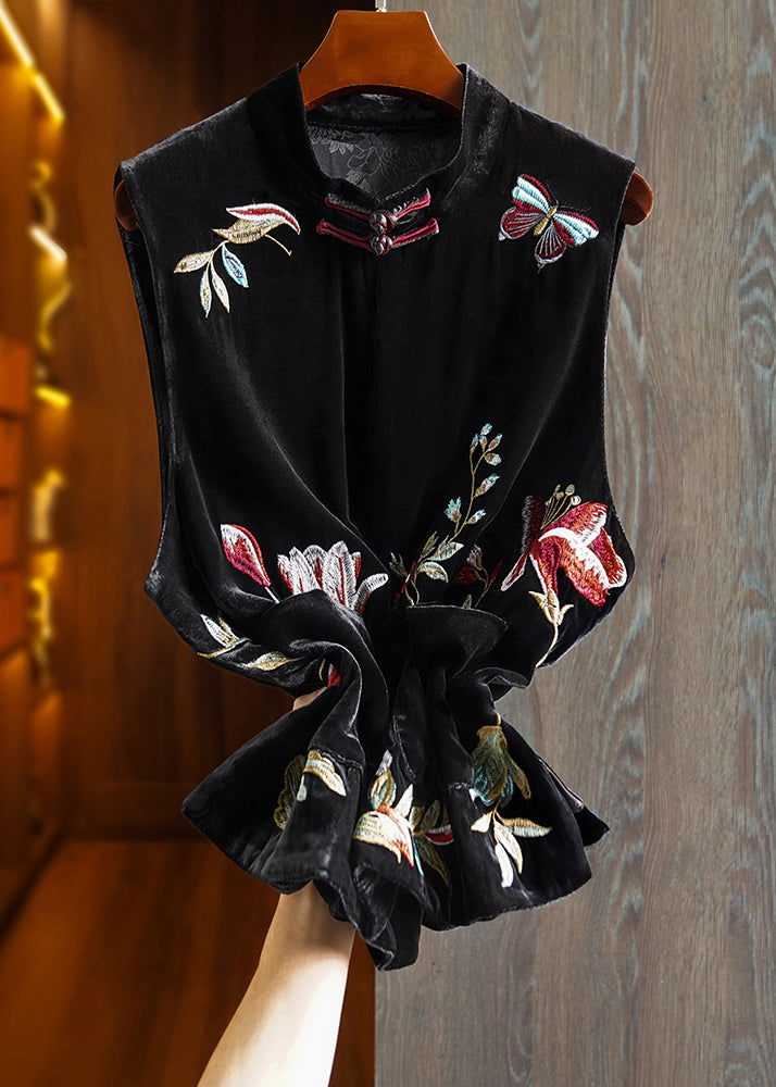 Chinese Style Black Embroidered Pockets Silk Velour Waistcoat Fall
