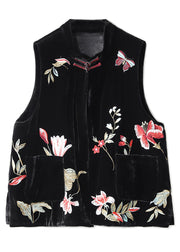 Chinese Style Black Embroidered Pockets Silk Velour Waistcoat Fall