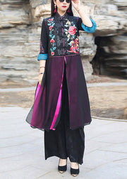 Chinese Style Black Embroidered Side Open Patchwork Silk Long Waistcoat Sleeveless