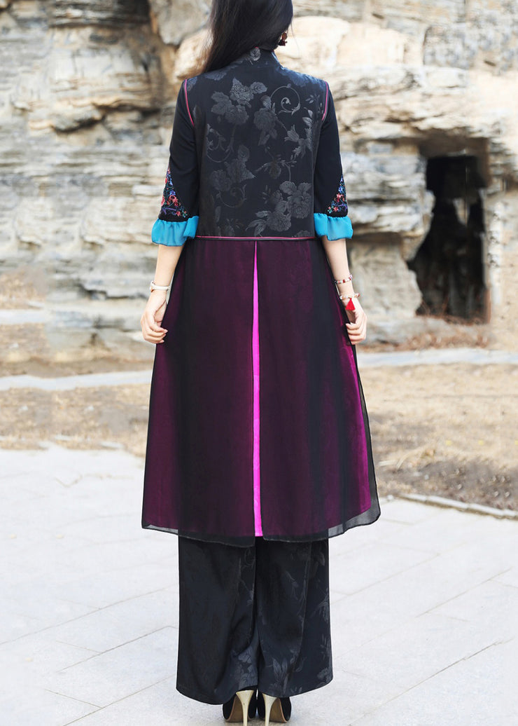 Chinese Style Black Embroidered Side Open Patchwork Silk Long Waistcoat Sleeveless