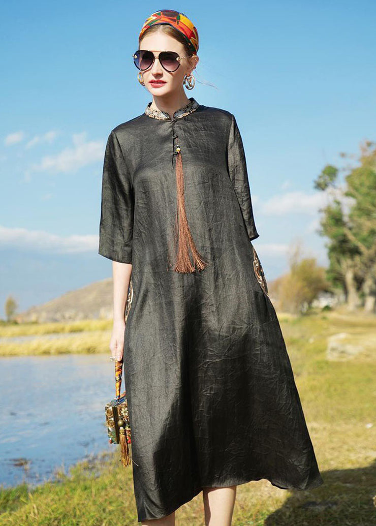 Chinese Style Black Embroidered Tasseled Silk Dresses Bracelet Sleeve
