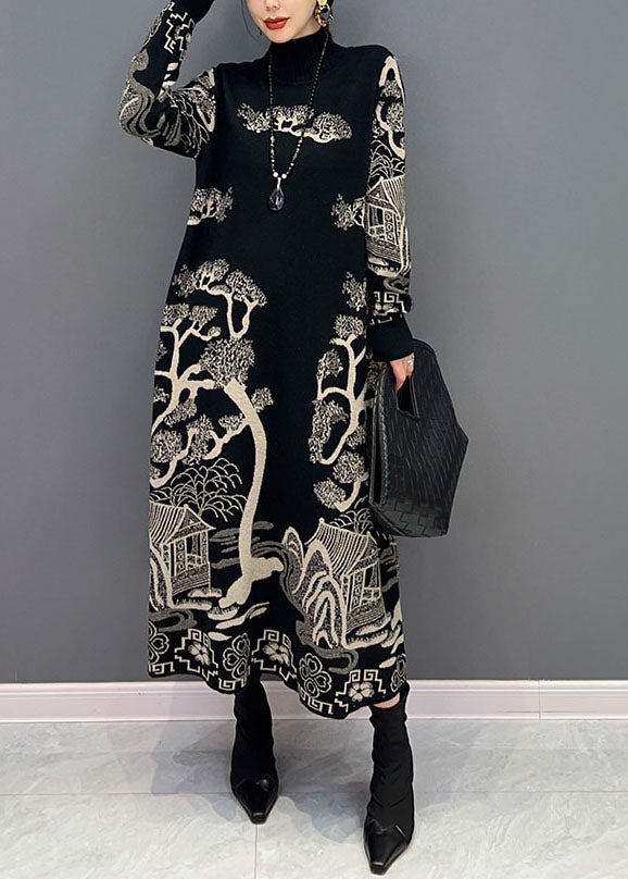 Chinese Style Black Hign Neck Print Knit Dresses Winter