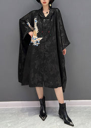 Chinese Style Black Hooded Embroidered Jacquard Cotton Trench Coat Fall