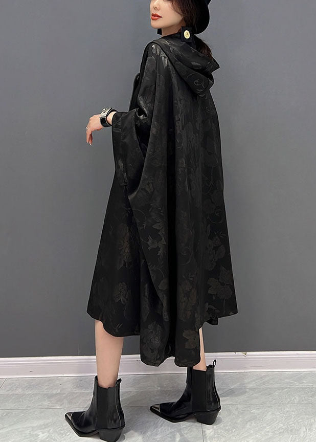 Chinese Style Black Hooded Embroidered Jacquard Cotton Trench Coat Fall