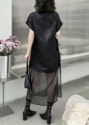 Chinese Style Black Jacquard Lace Up Tulle Patchwork Dress Summer