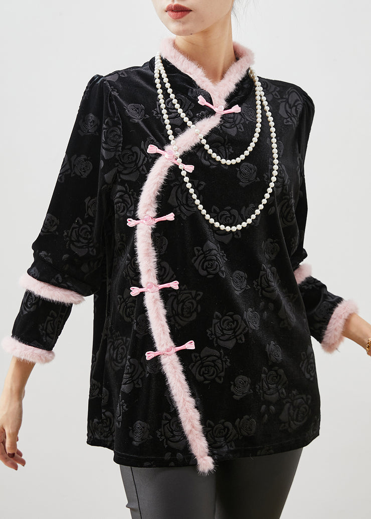 Chinese Style Black Jacquard Patchwork Silk Velour Blouses Spring