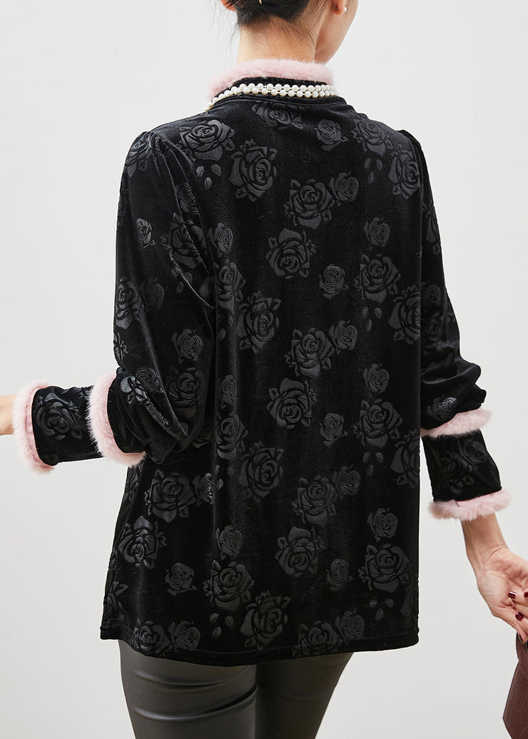 Chinese Style Black Jacquard Patchwork Silk Velour Blouses Spring