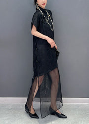 Chinese Style Black Jacquard Tulle Patchwork Silk Long Dress Summer