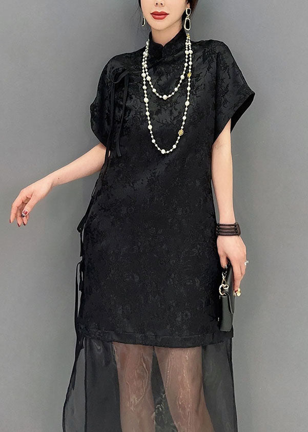 Chinese Style Black Jacquard Tulle Patchwork Silk Long Dress Summer