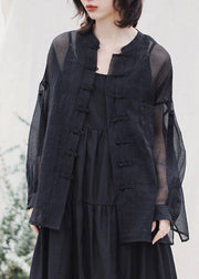 Chinesischer Stil Schwarz Stehkragen Knopf Taschen Tüll Mantel Frühling
