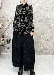 Chinese Style Black O Neck Floral Velour Short Coat Spring