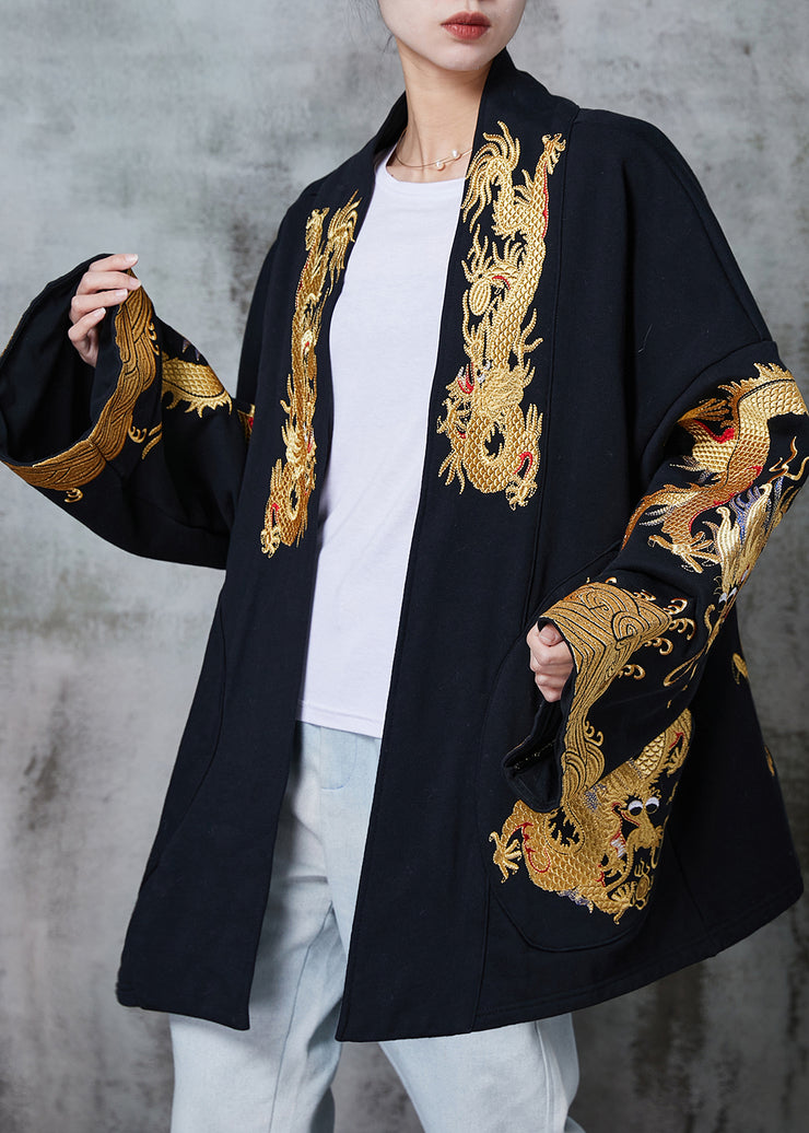 Chinese Style Black Oversized Dragon Cotton Cardigans Spring