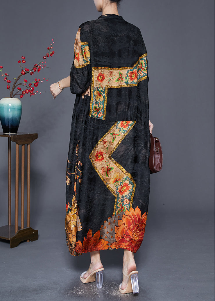 Chinese Style Black Oversized Print Silk Dress Fall