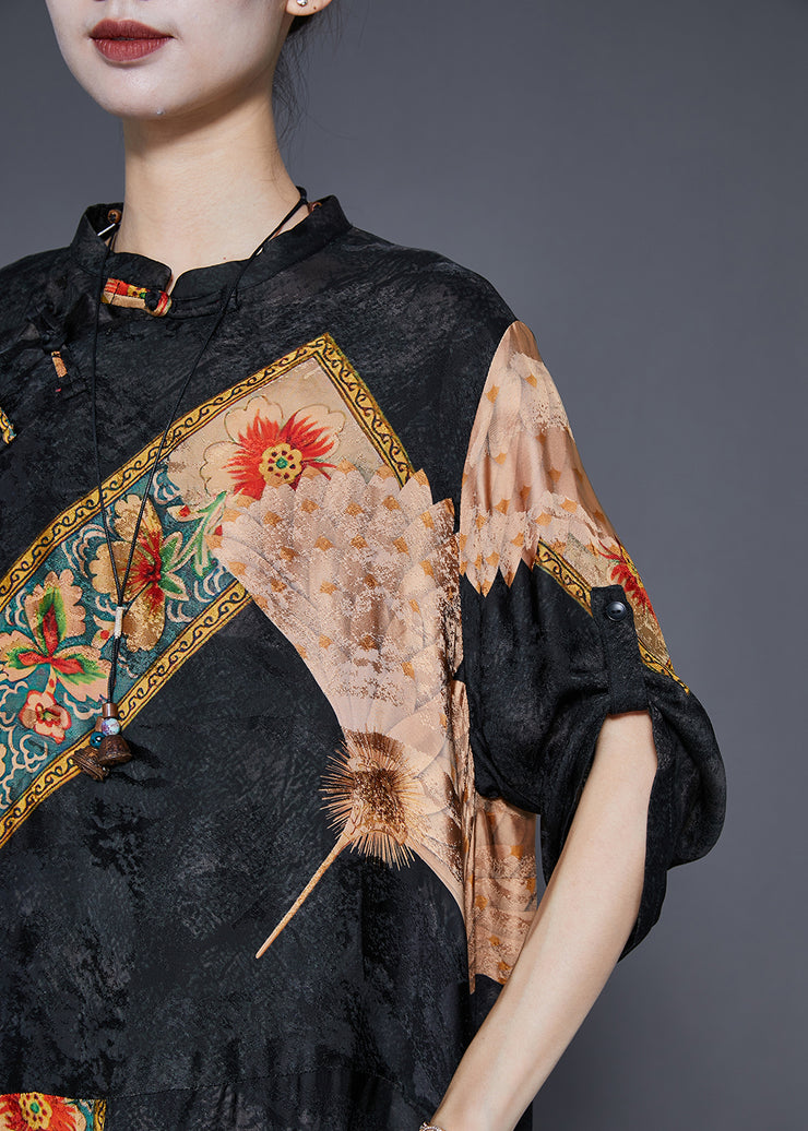 Chinese Style Black Oversized Print Silk Dress Fall