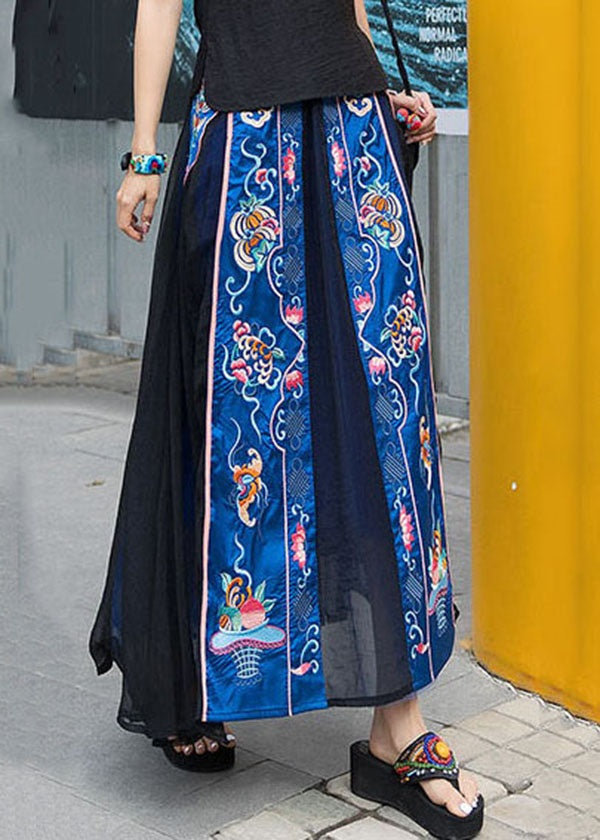Chinese Style Black Patchwork Embroidered Chiffon Skirts Spring