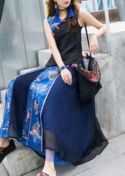 Chinese Style Black Patchwork Embroidered Chiffon Skirts Spring