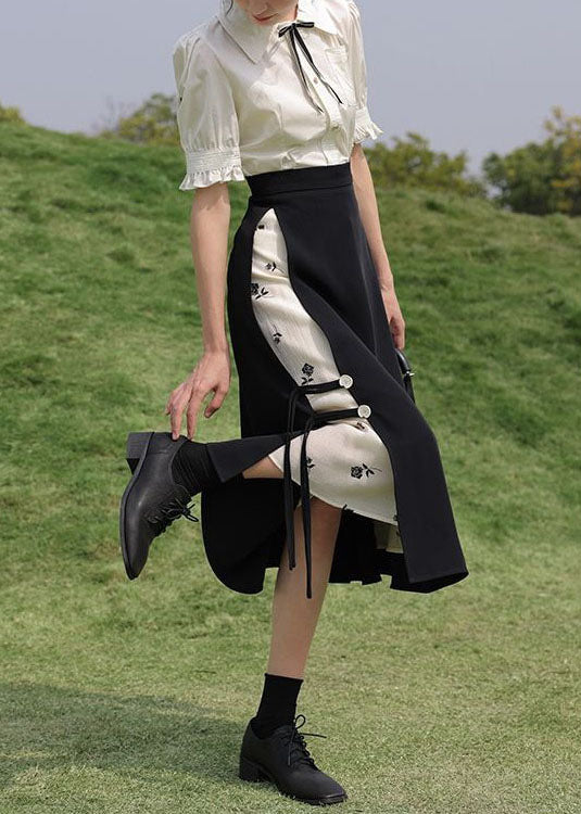 Chinese Style Black Patchwork Side Open Chiffon Skirt Summer