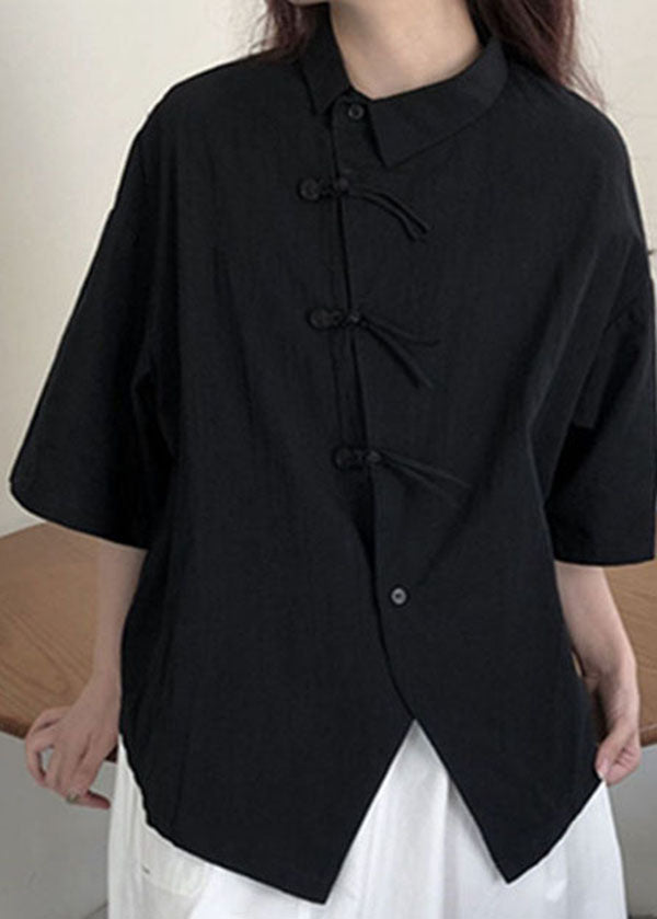 Chinese Style Black Peter Pan Collar Button Patchwork Cotton Shirt Tops Summer