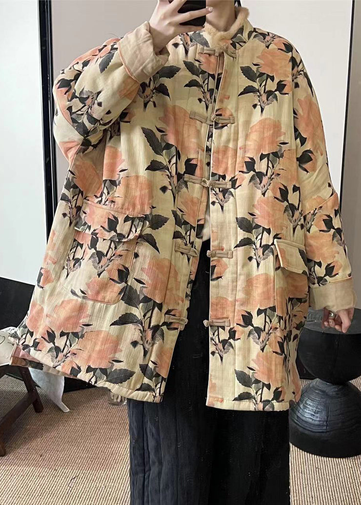 Chinese Style Black Pockets Print Fine Cotton Filled Coat Winter