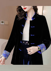Chinese Style Black Print Button Silk Velour Coats Long Sleeve