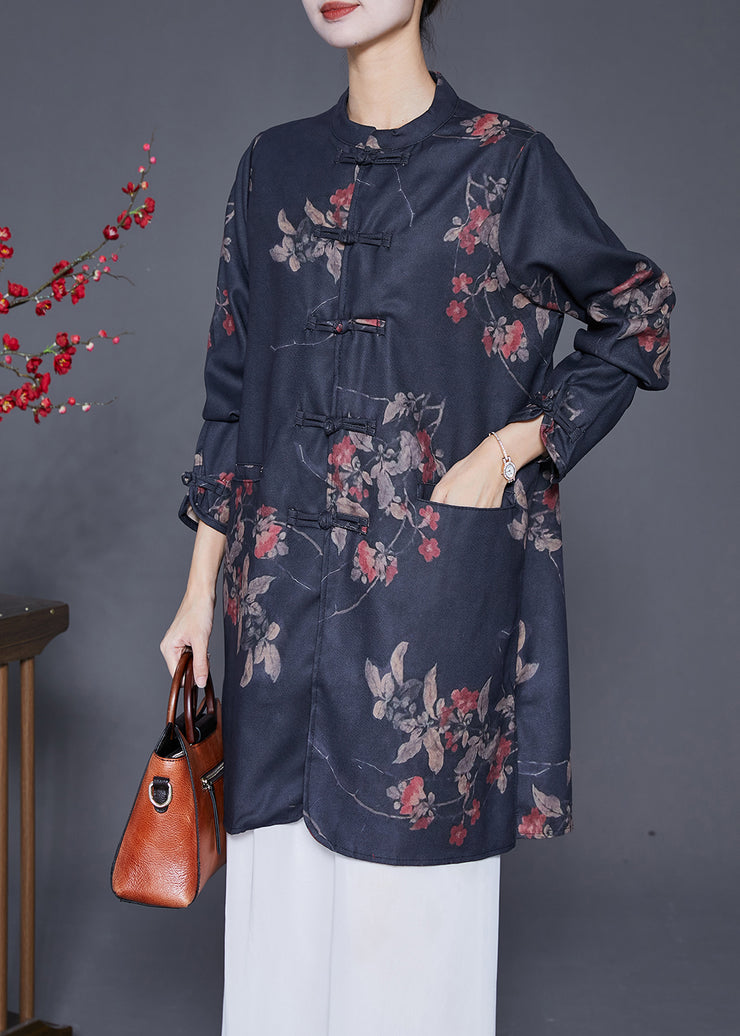 Chinese Style Black Print Linen Long Clothes Fall