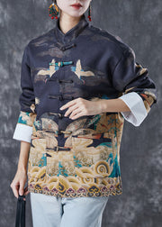 Chinese Style Black Print Pockets Cotton Shirts Spring