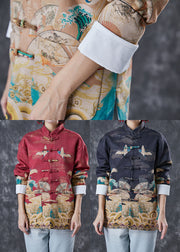 Chinese Style Black Print Pockets Cotton Shirts Spring